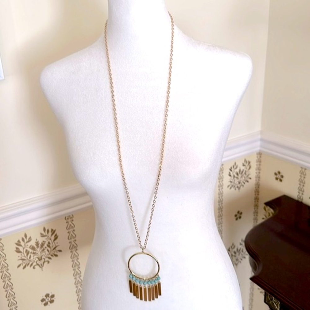 Long Hoop Gold Tone Necklace with Fringe & Blue Beads Boho 44” Long